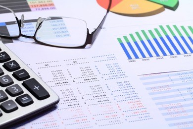 financial statements review and analyze with colorful charts and tables.