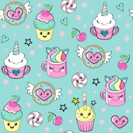 multi coloured sweets with eyes in kawaii style seamless pattern