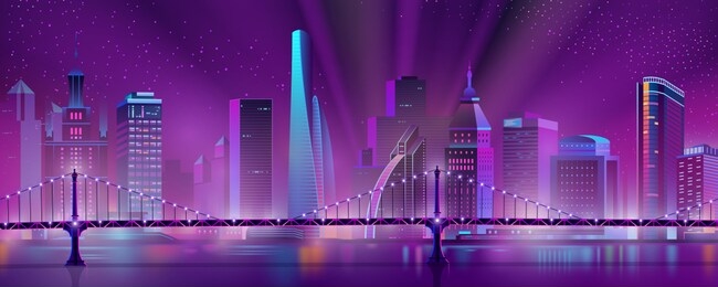 modern city skyline neon color cartoon vector with illuminated skyscrapers in downtown, suspension bridge over river or bay and projector lights in starry sky illustration. metropolis night landscape