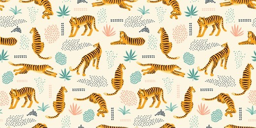 seamless exotic pattern with tigers and abstract elements. vector hand draw design.