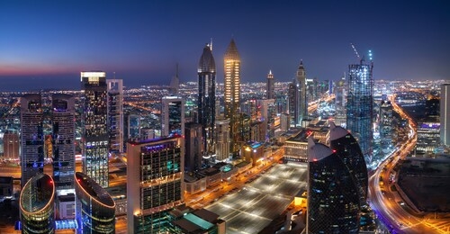 panorama from the dubai downtown skyline in the evening