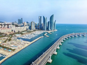 aerial view of centum city traffic in haeundae, busan, south korea, asia.