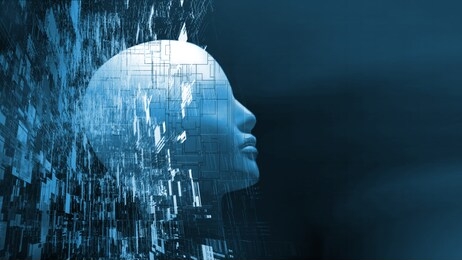 3d rendering of robot's head with abstract technology background. concept for artificial intelligence, big data analysis, deep machine learning.