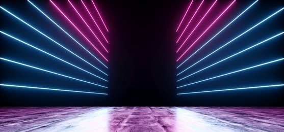 neon futuristic background cyber retro purple pink blue ultraviolet vibrant glowing horizontal lines shaped fluorescent luminous elegant alien dance stage gallery lights 3d rendering illustration
