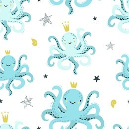 cute seamless pattern with blue octopuses. children vector background. suitable for printing on fabric, textile, paper, wallpaper.