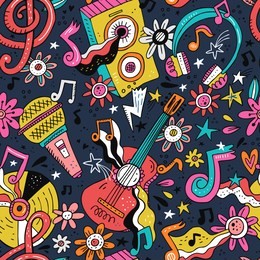 rock n roll doodle vector seamless pattern. hippie music cartoon illustrations. disco party. retro, vintage backdrop. musical pop concert, festival, live event background, wallpaper color design