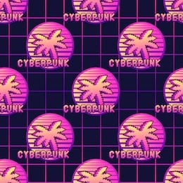 abstract retrowave style seamless pattern with tropical palm tree silhouette and text "cyberpunk". futuristic digital wallpaper. vector illustration.