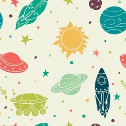 seamless pattern with space, rockets, planets and stars. childish background. vector illustration.
