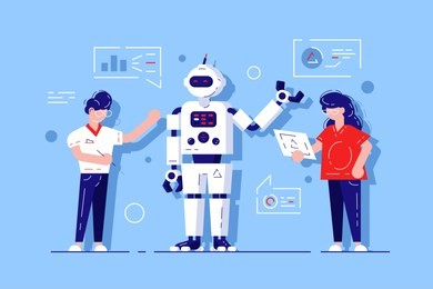 man and woman developing chat bot. ai simulating conversation with human users over internet vector illustration. online talking with robot. virtual mobile application assistance flat style concept