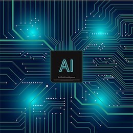 abstract technology artificial intelligence concept, high tech ai chip cpu processors computer circuit board on dark blue background.