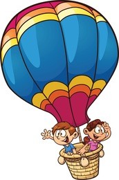 cartoon kids riding a hot air balloon. vector clip art illustration with simple gradients. all in a single layer.