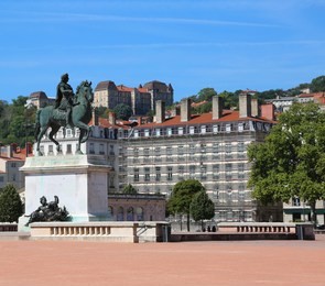 the main square in lyon city in france called place bellecour is the most wide square in europe and the equestrain statue of french king louis xiv also called roi soleil