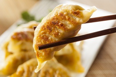 homemade asian vegeterian potstickers with soy sauce and pork