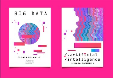 minimal vector poster set with glitched and distorted geometric figures. retrowave/ vaporwave 80s-90s aesthetics style.