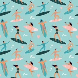 beach surfing. surfers with surfboards, surfer rides wave and summer outdoors surfboards. surfing sport, miami ocean surfers extreme action wallpaper. seamless vector pattern illustration