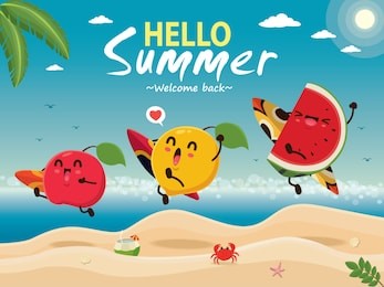 vintage summer poster design with vector watermelon, peach, apple & surfboard characters.