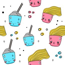 vector seamless pattern. wheat, egg chinese noodles wok. style kawaii, emoji eps 10