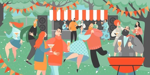 retro garden party with people dancing and drinking wine. cartoon characters having fun in a park at a barbecue party