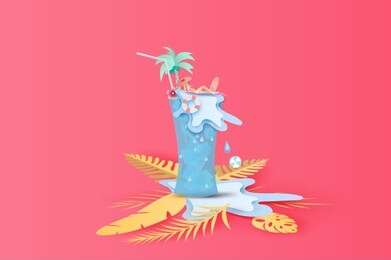 3d paper art and craft of illustration tropical summertime on drink glass juice concept,summer season young women sunbathing on juice splash,by pastel colorful,creative paper cut background.vector