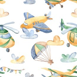 watercolor seamless pattern with cute airplanes, helicopters, airship, balloon. texture for baby shower, packaging, wallpaper, fabrics, textiles, baby design.