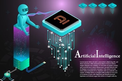 abstract technology artificial intelligence concept, high tech ai chip cpu processors computer circuit board on dark blue background.