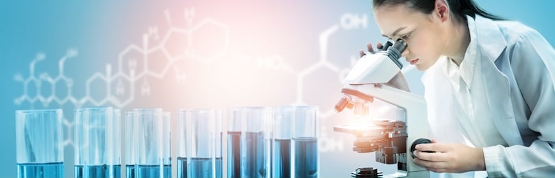 research and development concept. double exposure image of scientific and medical lab instrument, microscope, test tube and glass flask for microbiology and chemistry in laboratory for medicine study.