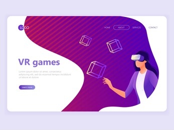 landing page template. vr gaming, video gaming, online games. woman with vr glasses. flat vector illustration concepts for a web page or website