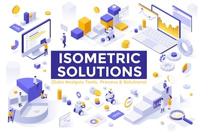 bundle of isometric design elements or symbols isolated on white background - big data analysis tools, statistical, financial, business analytics, market research. modern vector illustration.