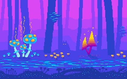 pixel art fairy tale forest at night. fantasy game location with mushrooms. seamless vector background.