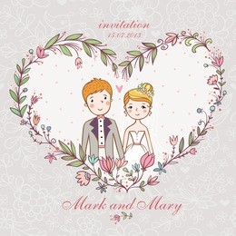 cartoon concept marriage. wedding invitation with bride and groom in a flower heart.