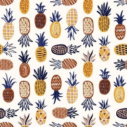 modern seamless pattern with pineapples of various texture on white background. backdrop with tasty summer exotic juicy fruits. flat vector illustration in doodle style for wrapping paper, wallpaper.