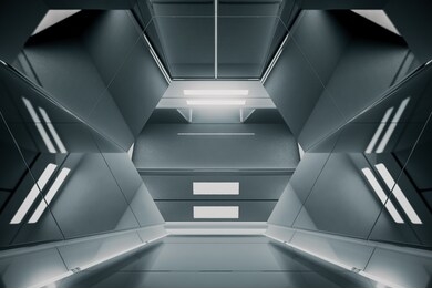 abstract hexagon spaceship corridor. futuristic tunnel with light. future interior background, business, sci-fi science concept. 3d rendering