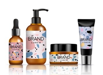 mock-up vector 3d skincare cosmetic illustration packaging with terrazzo background template isolated