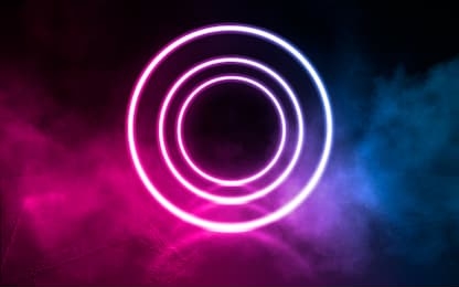 background of empty stage, room. reflection on wet pavement, concrete. neon blurry lights. neon circle figure in the center, smoke