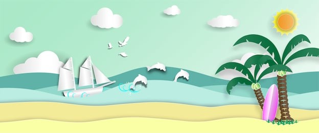 sea view and barque in summer with coconut tree and surfboard on beach of paper art style,vector or illustration with travel concept