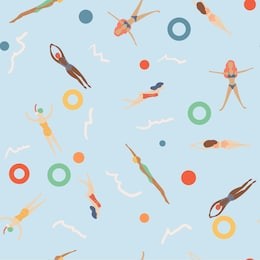 multi-ethnic girls in swimsuits swim in the sea, pool, summer seamless pattern