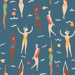 multi-ethnic girls in swimsuits swim in the sea, pool, summer seamless pattern