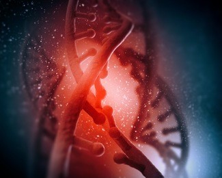 dna molecule is located in front of a colored background. abstract collage