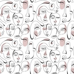one line drawing abstract face seamless pattern. modern minimalism art, aesthetic contour. continuous line background with woman and man faces. vector group of people