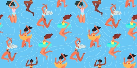 seamless pattern with happy people jumping into a pool or a sea. vector illustration of diverse women in colorful swimsuits. summer theme.
