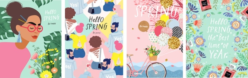 spring! cute vector illustration of a woman with flowers, a bicycle with balloons, young people and a floral frame for a poster, card, flyer or banner
