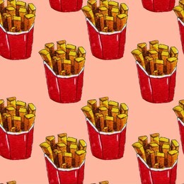 watercolor seamless pattern of french fry in red box