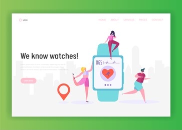 modern smartwatch is a wearable computer in the form of a wristwatch landing page. watch include activity fitness tracker for training and sport website or web page. flat cartoon vector illustration