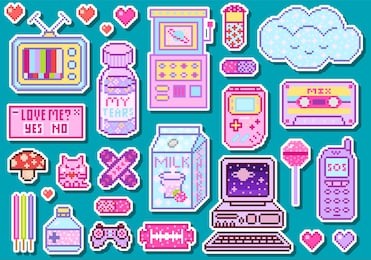 pixel art 8 bit objects. pink fashion digital game. consoles computer, video arcades, cartoon cassette, cream milk, cloud nostalgia, juice package. set of pastel icons, girly stickers. vintage assets.