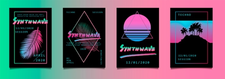 retrowave/ synthwave set of posters in neon vivid pastel colors. abstract composition with palm trees and leaves, 3d geometric figures.