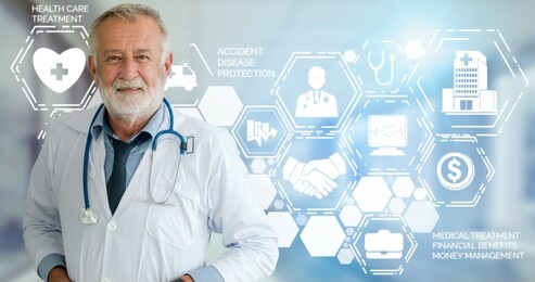 health insurance concept - doctor in hospital with health insurance related icon graphic interface showing healthcare people, money planning, risk management, medical treatment and coverage benefit.