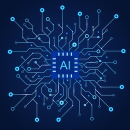 artificial intelligence dark blue background. machine programming and ai chip on computer.  circuit motherboard modern technology. vector illustration 