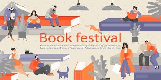 book festival banner with people sitting on huge books and reading. conceptual poster in cartoon style.