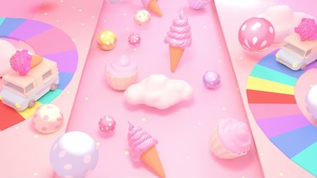 cute sweet candy world with ice cream trucks driving on rainbow roads. 3d rendering picture.