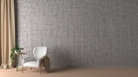 blank concrete wall in living room interior mock up with flooring, white chair, plant, curtain. 3d render
